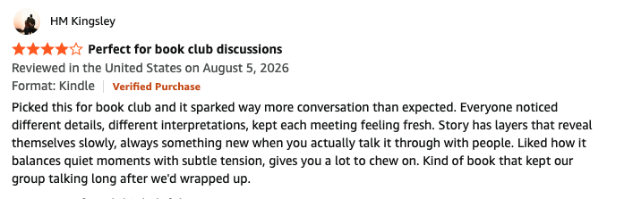 Amazon review from HM Kingsley titled Perfect for book club discussions
