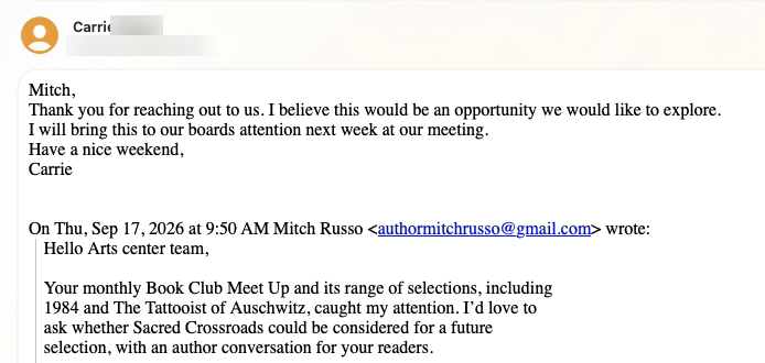 Positive response from a book-club organizer with the recipient's last name and email blurred